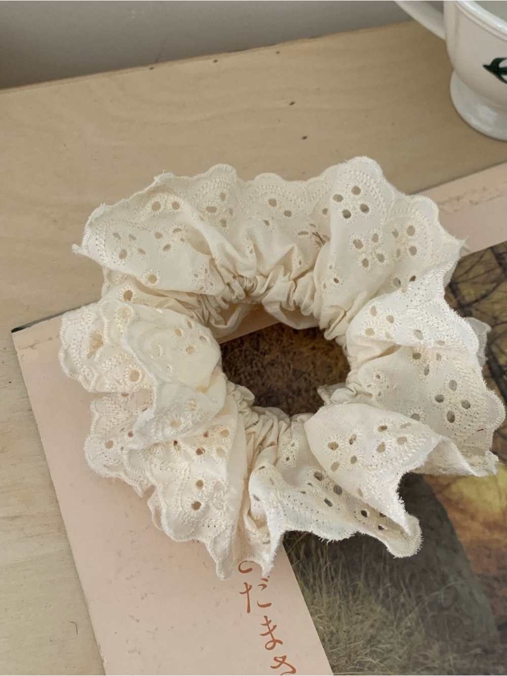 Lace Eyelet Ruffled Hair Scrunchie - Cream